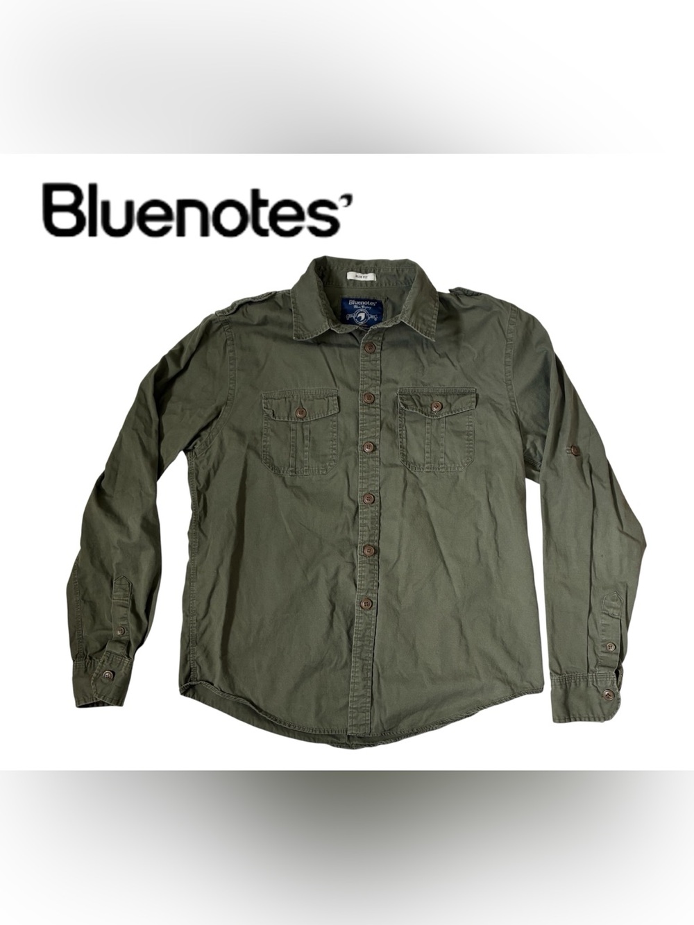 LONG SLEEVE UTILITY SHIRT SLIM FIT ARMY GREEN BLUENOTES BUTTON UP COTTON